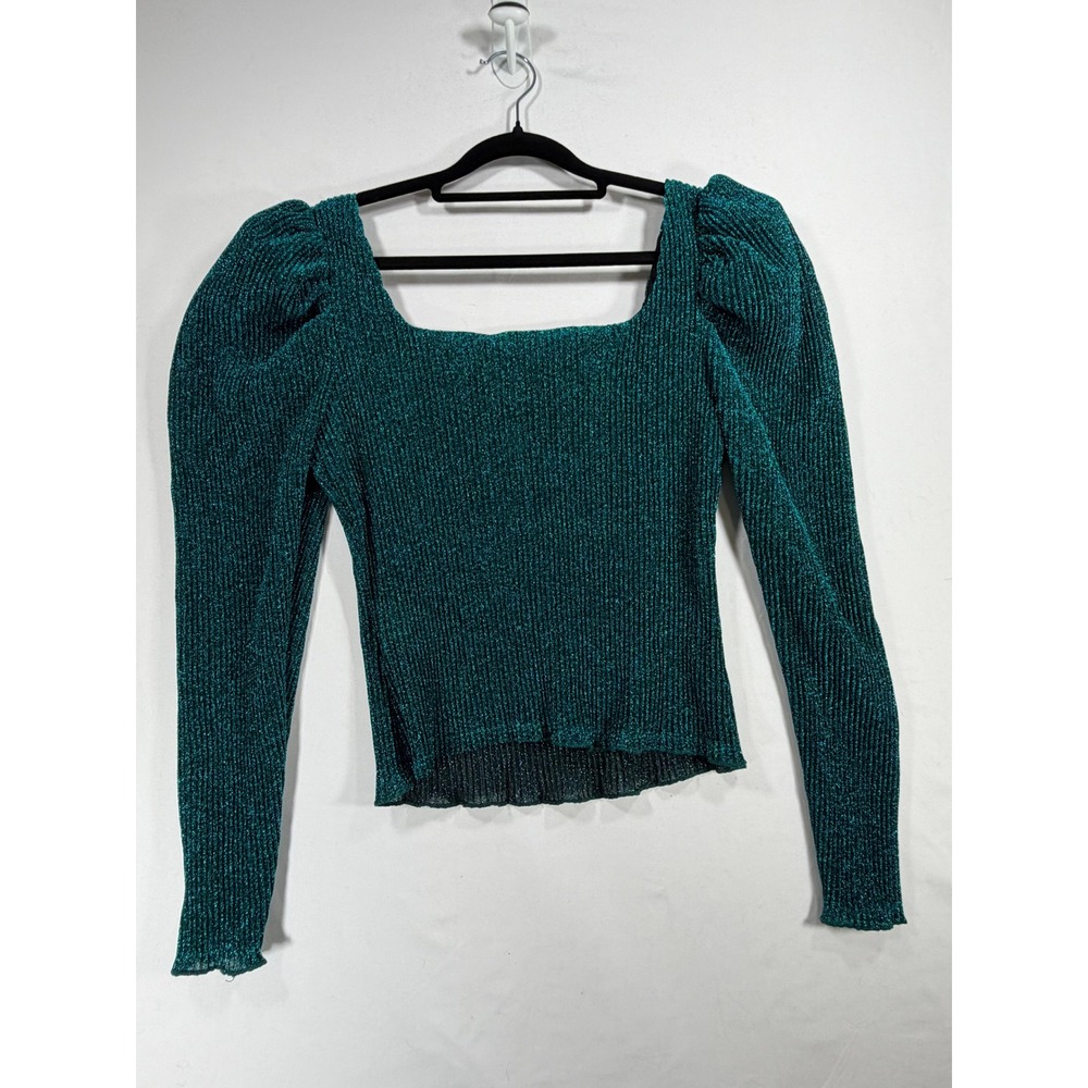 SHEIN Top Women Large Green Excellent Metallic Pleated Puff Sleeve Square Neck
